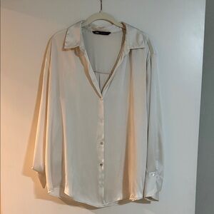 Zara Satin Button-Down Blouse in Ivory